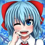  blue_eyes blue_hair blush bow cirno face finger_to_face hair_bow one_eye_closed portrait short_hair suikyou_(aqua_cities) touhou wings 