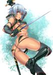  ass blade blue_hair boots breasts covered_nipples dark_skin dual_wielding highres holding irma knee_boots looking_at_viewer medium_breasts panties partially_visible_vulva queen's_blade short_hair shunzou sideboob solo sword thighs thong underboob underwear weapon 