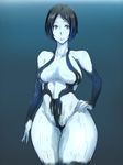  bare_shoulders black_background black_eyes black_hair blue_background breasts cortana curvy gradient gradient_background halo_(game) kanta_(x-tei) large_breasts light_smile looking_at_viewer short_hair solo thick_thighs thighs wide_hips 