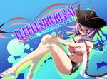  adapted_costume anklet bare_legs bespectacled blush breasts cleavage glasses hands_on_own_knees hat jewelry looking_at_viewer medium_breasts nagae_iku off_shoulder purple_hair red_eyes sandals short_hair sitting solo sweat swimsuit tongue tongue_out touhou wakanita 