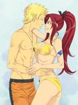  1boy 1girl bikini blonde_hair blue_eyes breasts cleavage crossover crylin erza_scarlet fairy_tail grin jewelry long_hair naruto necklace ponytail red_hair smile swimsuit tattoo uzumaki_naruto 
