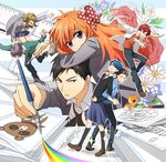  4boys black_eyes black_hair black_legwear blue_hair bow brown_hair drawing flower gekkan_shoujo_nozaki-kun hair_bow hori_masayuki kashima_yuu kneehighs mikoshiba_mikoto miniskirt multiple_boys multiple_girls necktie nib_pen_(object) nozaki_umetarou orange_hair otton paper pen pleated_skirt polka_dot polka_dot_bow purple_eyes raccoon red_hair rouman_academy_uniform ruler sakura_chiyo school_uniform seo_yuzuki skirt smile sparkle tanuki wakamatsu_hirotaka 