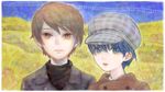  blue_eyes blue_hair brown_hair cabbie_hat campanella_(ginga_tetsudou_no_yoru) coat day formal ginga_tetsudou_no_yoru giovanni_(ginga_tetsudou_no_yoru) green_eyes hat male_focus multiple_boys open_mouth sky suit turtleneck wheat_field 