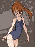  brown_background brown_eyes brown_hair glasses long_hair looking_at_viewer minami_mirei one-piece_swimsuit ponytail pretty_(series) pripara rohitsuka school_swimsuit sketch smile solo swimsuit 