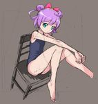  barefoot bow brown_background chair double_bun full_body green_eyes hair_bow knees_up looking_at_viewer manaka_lala one-piece_swimsuit pretty_(series) pripara purple_hair rohitsuka school_swimsuit short_hair sitting sketch smile solo swimsuit 