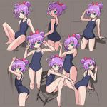  against_wall ass barefoot bow brown_background chair cropped_legs double_bun double_v green_eyes hair_bow looking_at_viewer manaka_lala multiple_views one-piece_swimsuit one_eye_closed open_mouth pretty_(series) pripara purple_hair rohitsuka school_swimsuit short_hair sitting sketch smile swimsuit v 