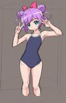  bow brown_background competition_school_swimsuit double_bun double_v hair_bow looking_at_viewer manaka_lala one-piece_swimsuit pretty_(series) pripara purple_hair rohitsuka school_swimsuit short_hair smile solo swimsuit v 