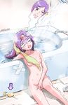  1girl accident aono_miki bath bathtub blood breasts directional_arrow fallen_down fresh_precure! giving_up_the_ghost head_bump head_tilt highres isedaichi_ken long_hair navel nipples no_pupils nosebleed nude one_eye_closed open_mouth pale_eye precure purple_hair sitting small_breasts soap solo towel trembling turn_pale unconscious wet 