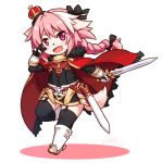  1boy :d astolfo_(fate) black_bow black_dress black_legwear black_ribbon blush boots bow braid chibi commentary_request crown dress eyebrows_visible_through_hair fang fate/apocrypha fate_(series) full_body fur_trim furrification furry garter_straps gauntlets hair_bow hair_ribbon langbazi long_hair looking_at_viewer mini_crown open_mouth otoko_no_ko pink_eyes pink_hair red_skirt ribbon short_dress signature simple_background single_braid skirt smile solo standing thighhighs v v_over_eye white_background 