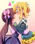  2girls akatsuki_kirika artist_request blonde_hair blush couple green_eyes hair_ornament heart hug kiss long_hair looking_at_another multiple_girls purple_eyes purple_hair senki_zesshou_symphogear short_hair simple_background sn tsukuyomi_shirabe yuri 