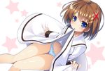  blue_eyes blue_panties blush brown_hair hair_ornament looking_at_viewer lyrical_nanoha mahou_shoujo_lyrical_nanoha mahou_shoujo_lyrical_nanoha_a's mouth_hold navel panties raiou school_uniform seishou_elementary_school_uniform short_hair skirt skirt_lift solo star thigh_gap thighs underwear x_hair_ornament yagami_hayate 