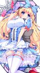  blonde_hair blue_eyes bow breasts card dress hair_bow highres impossible_clothes impossible_dress juliet_sleeves large_breasts long_hair long_sleeves minamon_(vittel221) original puffy_sleeves solo thighhighs very_long_hair white_legwear zettai_ryouiki 