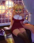  alcohol anthro beverage breasts canine chest_tuft cleavage clothed clothing female inside legwear looking_at_viewer mammal panties sheenny sitting smile solo thigh_highs tilki_(skaii_flow) tuft underwear wine 