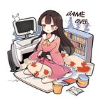  :c animal_ears artist_name black_hair blanket bowl braid bunny_ears chips computer controller dress english food frown futon game_controller game_over hat highres houraisan_kaguya inaba_tewi itohime long_hair neet noodles pillow playing_games potato_chips ribbon seiza silhouette simple_background sitting solo teardrop touhou white_background yagokoro_eirin 
