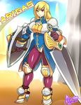 agawa_ryou agrias_oaks armor artist_name blonde_hair breasts character_name cleavage cleavage_cutout commentary final_fantasy final_fantasy_tactics gloves high_heels large_breasts red_eyes shield solo standing sword typo weapon 