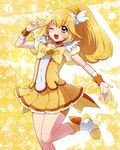  bad_id bad_pixiv_id bike_shorts blonde_hair blush bow character_name choker cure_peace hair_flaps heart kise_yayoi long_hair looking_at_viewer magical_girl mogiki_hayami one_eye_closed open_mouth ponytail precure shorts shorts_under_skirt skirt smile_precure! solo yellow yellow_background yellow_bow yellow_eyes yellow_shorts yellow_skirt 