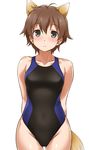  animal_ears arms_behind_back bare_shoulders black_eyes blush brown_hair collarbone competition_swimsuit covered_navel extra_ears highleg highleg_swimsuit katou_keiko one-piece_swimsuit short_hair simple_background solo swimsuit tail thigh_gap white_background world_witches_series youkan 