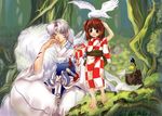  1girl age_difference animal animal_on_hand animal_on_head bad_id bad_pixiv_id baggy_pants bangs barefoot bird brown_eyes brown_hair checkered checkered_kimono crescent_moon demon_boy facial_mark fingernails forehead_mark forest full_body fur highres inuyasha jaken japanese_clothes kimono loli_bushi long_fingernails long_hair moon nature on_head pants parted_bangs pointy_ears rin_(inuyasha) sesshoumaru side_ponytail silver_hair sitting yellow_eyes yukata 