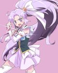  blush cure_fortune hair_ornament happinesscharge_precure! heart heart_hair_ornament hikawa_iona isedaichi_ken long_hair magical_girl open_mouth ponytail precure purple_eyes purple_hair skirt solo thighhighs very_long_hair wide_ponytail 