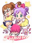  ahoge aqua_eyes bow brown_hair copyright_name double_bun glasses hair_bow hair_bun hair_ornament hair_over_eyes hair_ribbon hiro_hiroki houjou_sophie long_hair manaka_lala minami_mirei multiple_girls open_mouth ponytail pretty_(series) pripara purple_hair red_hair ribbon rimless_eyewear school_uniform track_suit 