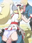  1girl ass ass_grab bestiality blonde_hair blush boris_(noborhys) cum cum_in_pussy cum_inside gangbang green_eyes group_sex gym_leader koruni_(pokemon) lucario oral panties panties_aside penis pokemon pokemon_(game) pokemon_xy ponytail pussy saliva sex skirt skirt_lift spitroast sweat threesome underwear upskirt vaginal 