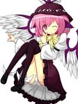  animal_ears bad_id bad_pixiv_id bow hat mystia_lorelei one_eye_closed panties pantyshot pink_hair pointing shoes short_hair smile solo thighhighs thighs touhou underwear urimono white_panties winged_shoes wings 