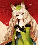  animal_ears bad_id bad_pixiv_id bare_shoulders blush breasts cherry_blossoms cleavage collarbone fox_ears green_eyes japanese_clothes kimono leaf leaf_on_head long_hair medium_breasts min_(citrine) oboro_muramasa off_shoulder oriental_umbrella silver_hair solo umbrella very_long_hair wavy_hair yuzuruha 