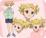  blonde_hair brown_eyes jacket kanamemo kitaoka_yume lowres shoes short_hair short_twintails shorts sneakers twintails 