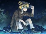  blonde_hair blue_eyes goggles headphones jewelry kagamine_len magnifying_glass male_focus shoes shorts sitting smile socks solo tama_(songe) vocaloid 