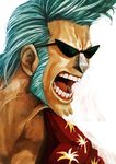 angry blue_hair franky hawaiian_shirt lack male_focus one_piece open_mouth realistic shirt sideburns solo sunglasses 