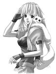  absurdres breasts cleavage dog excel excel_saga fang fingerless_gloves gloves greyscale highres medium_breasts menchi monochrome rikudou_koushi sketch solo 