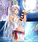  bad_id bad_pixiv_id blue_eyes bracelet detached_sleeves flower full_moon hair_flower hair_ornament jewelry lily_(flower) long_hair midriff moon navel original ribbon silver_hair solo traditional_media trimcolor very_long_hair wading water wet wet_clothes wisteria 