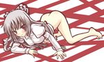  all_fours bangs barefoot blush bottomless bow dress_shirt fujiwara_no_mokou hair_bow hair_ribbon long_hair no_panties red_eyes ribbon saki_chisuzu shirt silver_hair solo touhou 