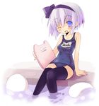  blue_eyes hairband hitodama kickboard konpaku_youmu konpaku_youmu_(ghost) myon_(phrase) one-piece_swimsuit one_eye_closed pool sakurazari_hotori school_swimsuit silver_hair solo swimsuit thighhighs touhou 