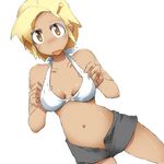  angol_mois bad_id bad_pixiv_id bikini_top blonde_hair blush breasts dark_skin keroro_gunsou medium_breasts navel obomugera short_hair short_shorts shorts solo unzipped yellow_eyes 