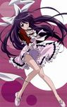  absurdres asu_no_yoichi blush bow dress frills hair_bow highres ikaruga_ibuki legs long_hair morishima_noriko one_eye_closed purple_eyes purple_hair short_dress solo very_long_hair wind wind_lift 