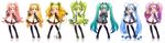  alternate_color alternate_hairstyle apple aqua_hair blonde_hair blue_hair blueberry cherry_blossoms detached_sleeves food food_themed_clothes fruit grapes green_hair hatsune_miku headset holding holding_food holding_fruit long_hair long_image mao_a_mi_mi orange orange_hair pineapple pink_hair pixel_art purple_hair rainbow_order thighhighs twintails v vocaloid wide_image 