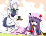  bad_id bad_pixiv_id barefoot book braid cake closed_eyes crescent eating food hat izayoi_sakuya long_hair lying maid maid_headdress marimo_danshaku multiple_girls on_stomach open_book patchouli_knowledge purple_eyes purple_hair reading ribbon senbei short_hair silver_hair tea thighhighs touhou twin_braids 