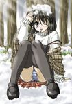  :p black_hair blue_eyes dojikko_pose kanon misaka_shiori mitarashi_kousei one_eye_closed panties pantyshot pantyshot_(sitting) short_hair sitting snow solo striped striped_panties thighhighs tongue tongue_out underwear 