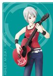  another_code another_code_r aritani_mahoro ashley_mizuki_robbins cing denim guitar highres instrument jeans pants short_hair solo tank_top white_hair 