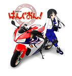  akiyama_mio black_eyes black_hair bodysuit error gloves ground_vehicle highres k-on! long_hair motor_vehicle motorcycle mouth_hold solo su-35_(artist) 