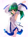  armpits arms_up bottomless breasts detached_sleeves frog green_eyes green_hair hair_ornament kochiya_sanae medium_breasts no_bra no_panties sideboob snake solo touhou yamaguchi_yuu 