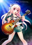  absurdres breasts cleavage denim denim_shorts guitar headphones highres instrument kouki_kuu medium_breasts nail_polish nitroplus pink_eyes pink_hair pink_nails plectrum shorts solo super_sonico 