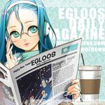  adjusting_eyewear blue_eyes blue_hair blue_nails copyright_request english glasses hairband hands headphones lips nail_polish newspaper salt_(salty) solo turtleneck 