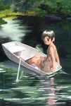  black_eyes black_hair copyright_request lake rowboat satou_toshiyuki short_hair solo water 