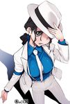  black_hair breasts brown_eyes covered_nipples fedora formal genderswap genderswap_(mtf) hat kei_jiei large_breasts long_hair michael_jackson necktie open_mouth original pant_suit ponytail real_life real_life_insert shadow smooth_criminal solo suit 