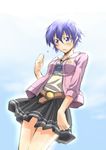  belt blue_eyes blue_hair blush casual jacket persona persona_4 segami_daisuke shirogane_naoto short_hair shy skirt solo 