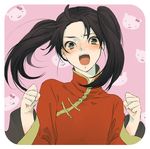  androgynous axis_powers_hetalia bad_id bad_pixiv_id black_hair blush brown_eyes china_(hetalia) china_dress chinese_clothes clenched_hands dress goroo male_focus open_mouth otoko_no_ko shinatty-chan solo twintails 