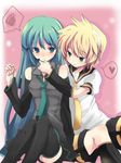  1girl alternate_hairstyle aqua_eyes aqua_hair bare_shoulders blonde_hair blue_eyes blush chin_grab couple detached_sleeves hair_down hatsune_miku headphones heart hetero hikari_no holding_hands kagamine_len long_hair necktie short_hair shorts sitting skirt smile spoken_heart squiggle thighhighs vocaloid zettai_ryouiki 