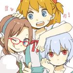  ayanami_rei blue_eyes glasses makinami_mari_illustrious multiple_girls necktie neon_genesis_evangelion one_eye_closed rebuild_of_evangelion red_eyes shikinami_asuka_langley souryuu_asuka_langley yukke 